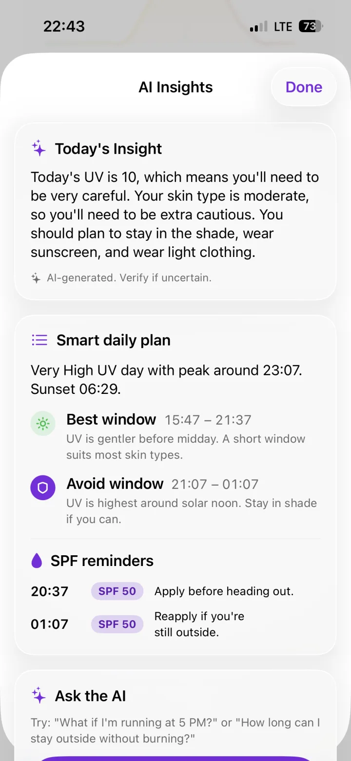 Suntic AI insight advising sunscreen and seeking shade at high UV