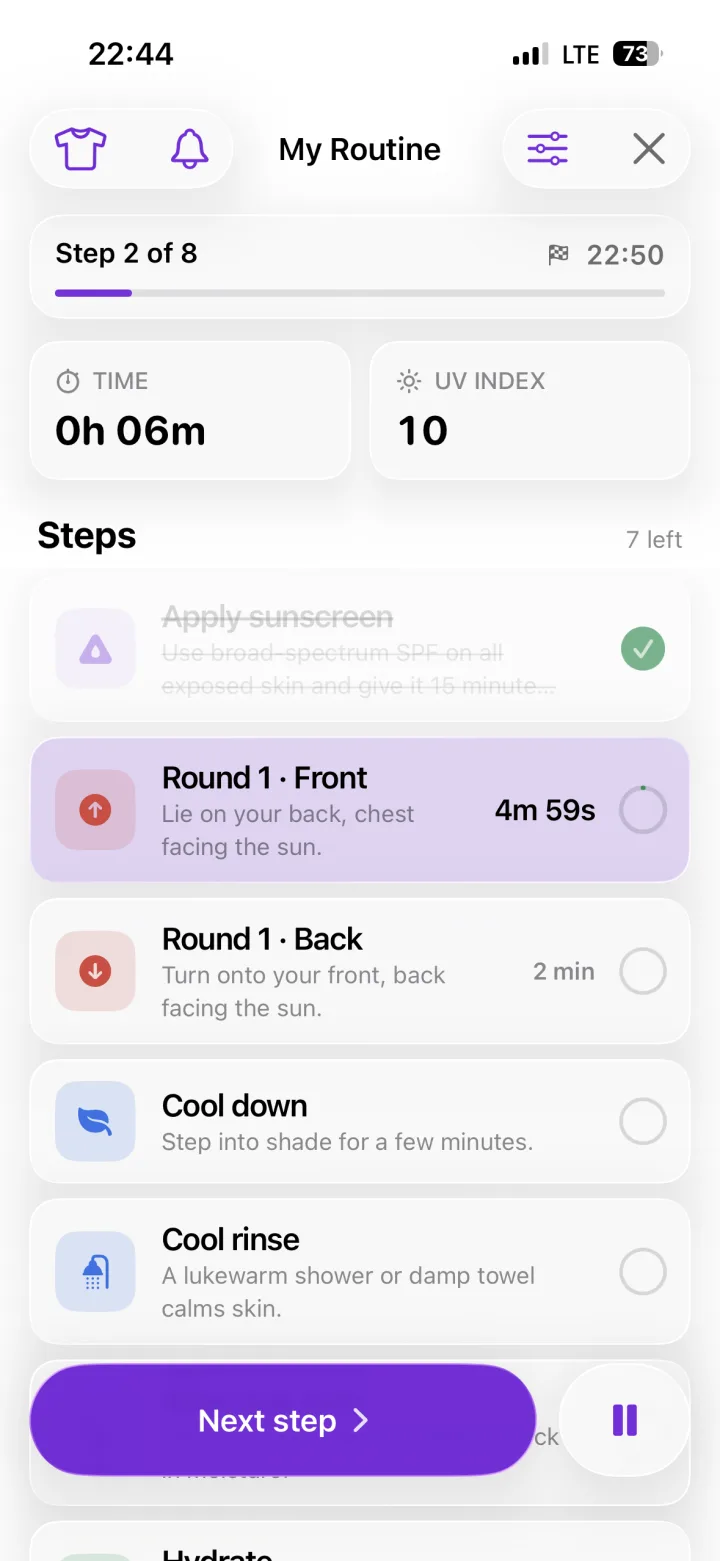 Suntic guided routine with a live timer and step-by-step instructions