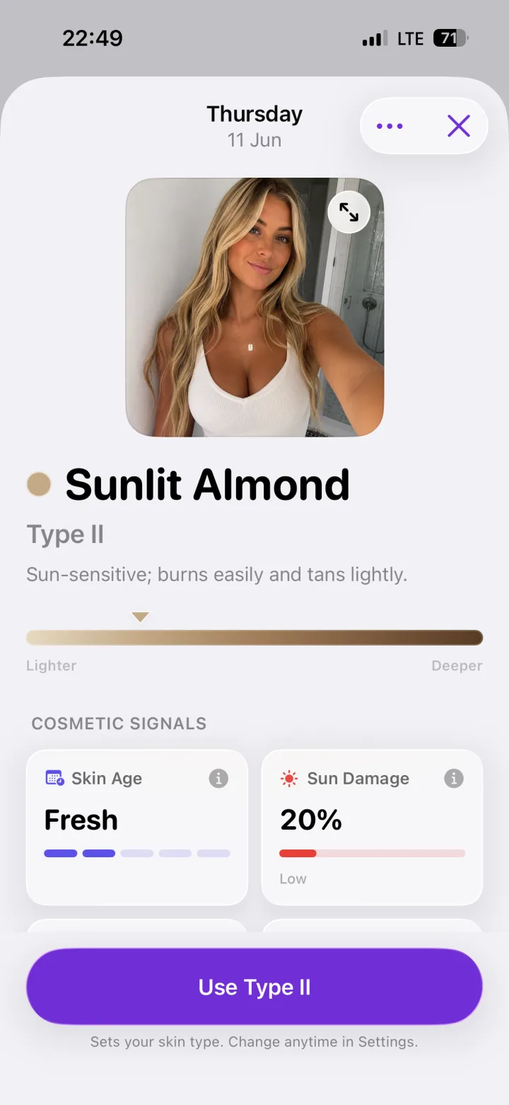 Suntic skin analysis result showing skin type and cosmetic signals