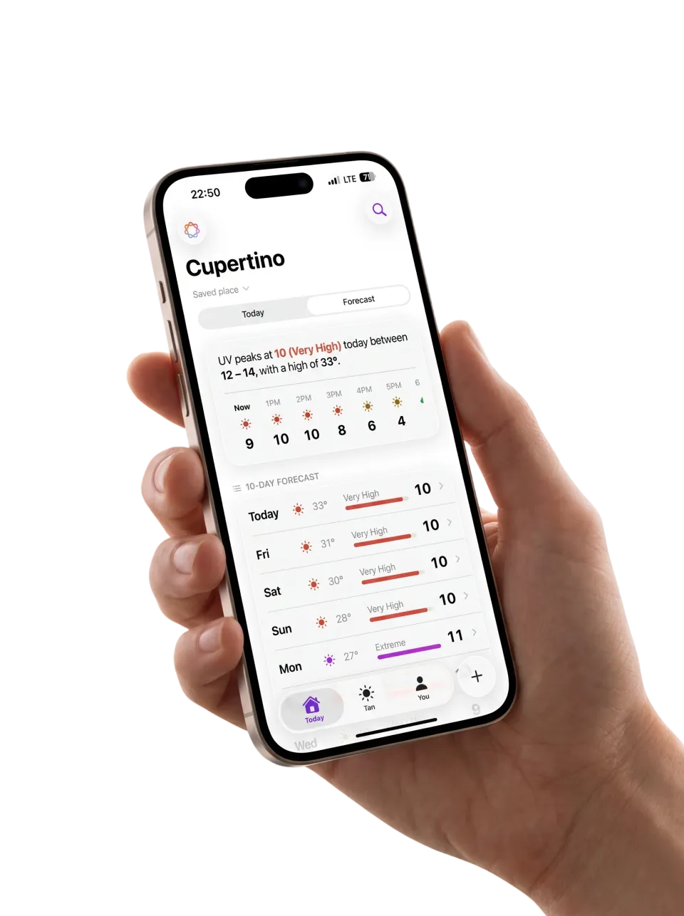 Suntic app showing today's UV index, held in hand